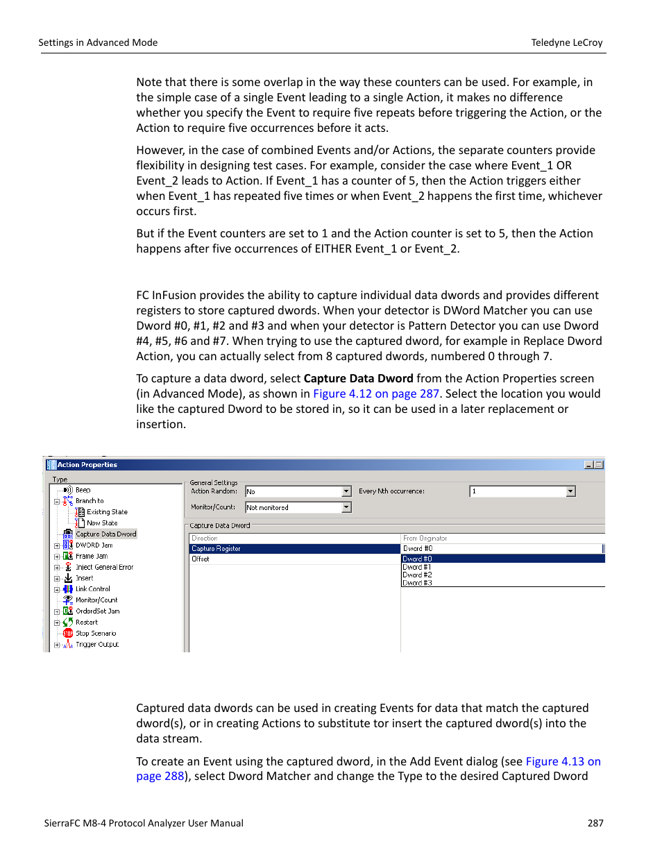 Capturing a data dword, Using captured data dwords | Teledyne LeCroy SierraFC M8-4 User Manual User Manual | Page 287 / 335