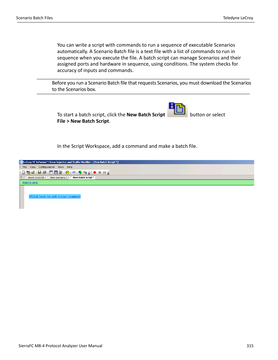 Scenario batch files, Script workspace | Teledyne LeCroy SierraFC M8-4 User Manual User Manual | Page 315 / 335