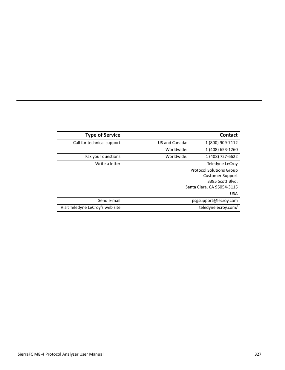 How to contact teledyne lecroy, Appendix b: how to contact teledyne lecroy, Appendix b | Teledyne LeCroy SierraFC M8-4 User Manual User Manual | Page 327 / 335