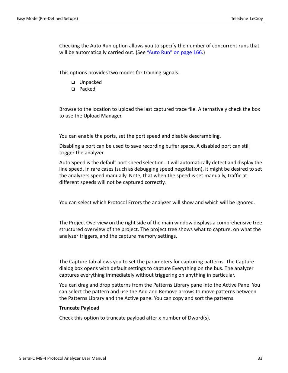 Auto run, Training signal pack mode, Last captured trace file | Analyzer settings, Set protocol error detection, Project overview, Capture tab | Teledyne LeCroy SierraFC M8-4 User Manual User Manual | Page 33 / 335