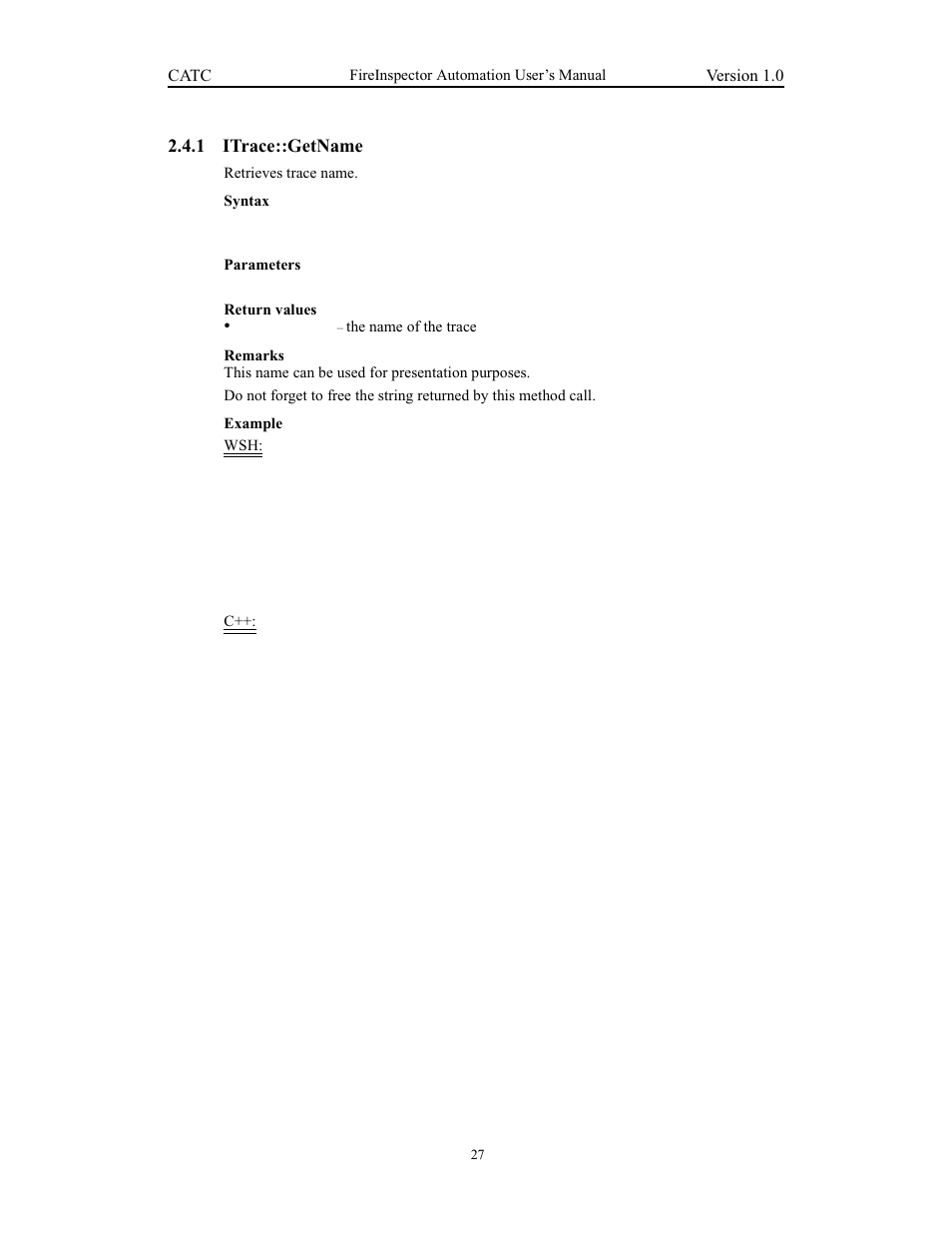 1 itrace::getname, Itrace::getname | Teledyne LeCroy FireInspector Automation Application Programming Interface User Manual | Page 31 / 92