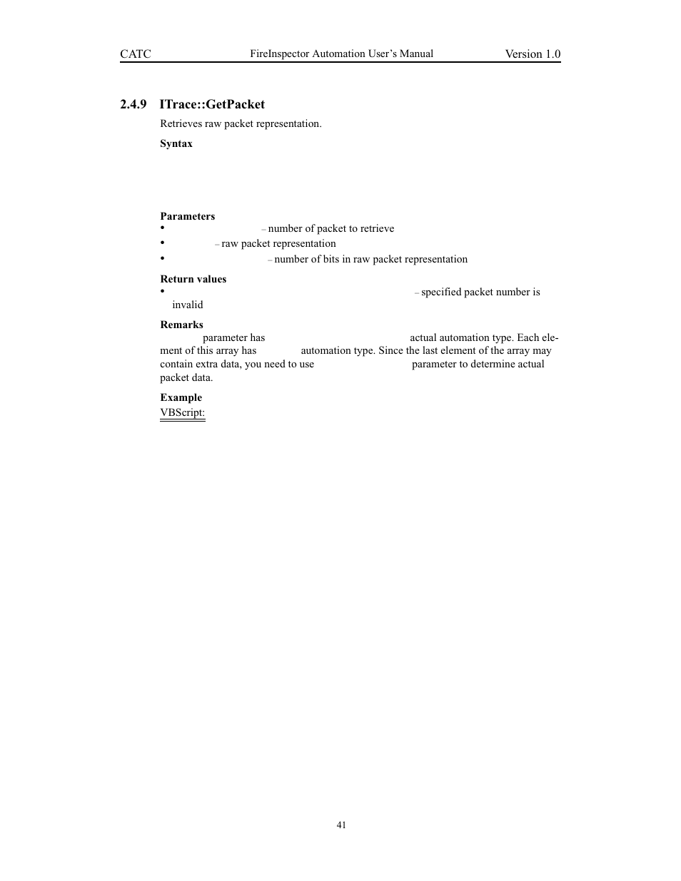 9 itrace::getpacket, Itrace::getpacket | Teledyne LeCroy FireInspector Automation Application Programming Interface User Manual | Page 45 / 92