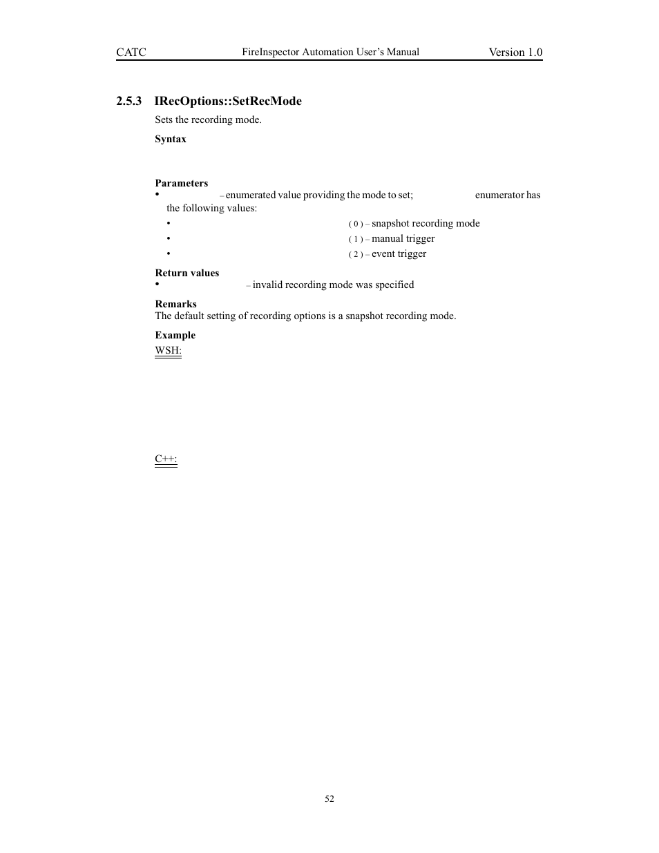 3 irecoptions::setrecmode, Irecoptions::setrecmode | Teledyne LeCroy FireInspector Automation Application Programming Interface User Manual | Page 56 / 92