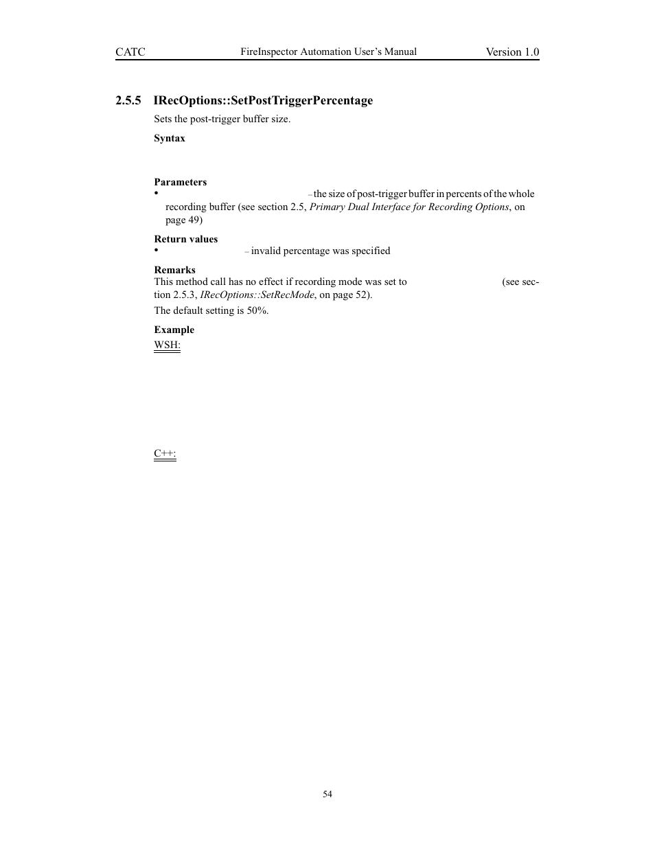 5 irecoptions::setposttriggerpercentage, Irecoptions::setposttriggerpercentage | Teledyne LeCroy FireInspector Automation Application Programming Interface User Manual | Page 58 / 92
