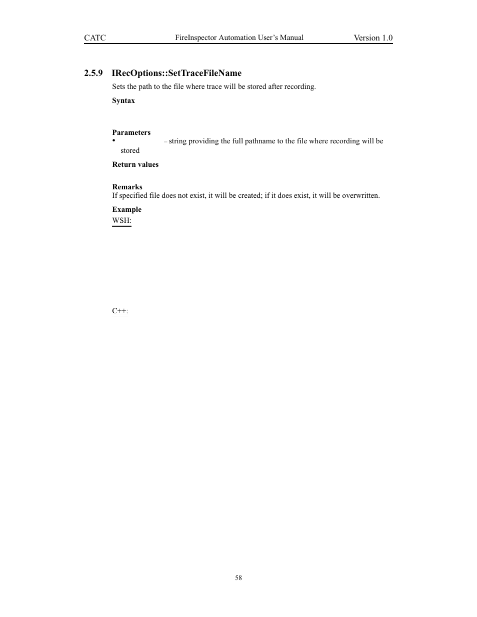 9 irecoptions::settracefilename, Irecoptions::settracefilename | Teledyne LeCroy FireInspector Automation Application Programming Interface User Manual | Page 62 / 92