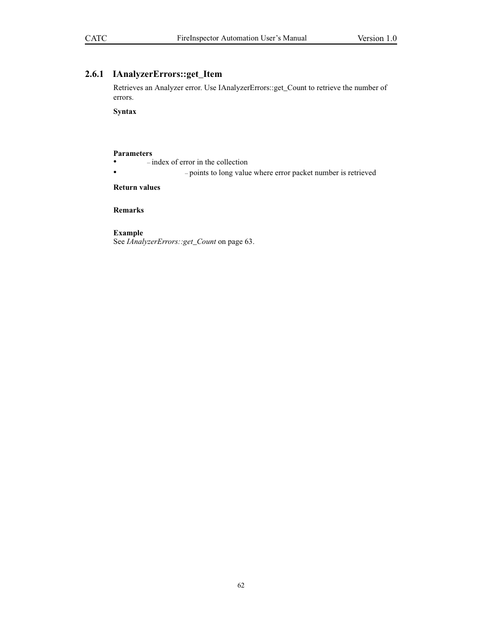 1 ianalyzererrors::get_item, Ianalyzererrors::get_item | Teledyne LeCroy FireInspector Automation Application Programming Interface User Manual | Page 66 / 92