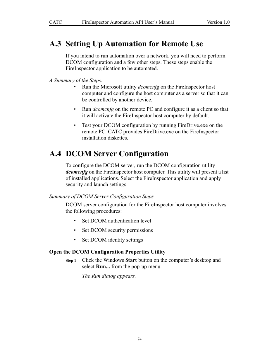 A.3 setting up automation for remote use, A.4 dcom server configuration, Open the dcom configuration properties utility | Teledyne LeCroy FireInspector Automation Application Programming Interface User Manual | Page 78 / 92