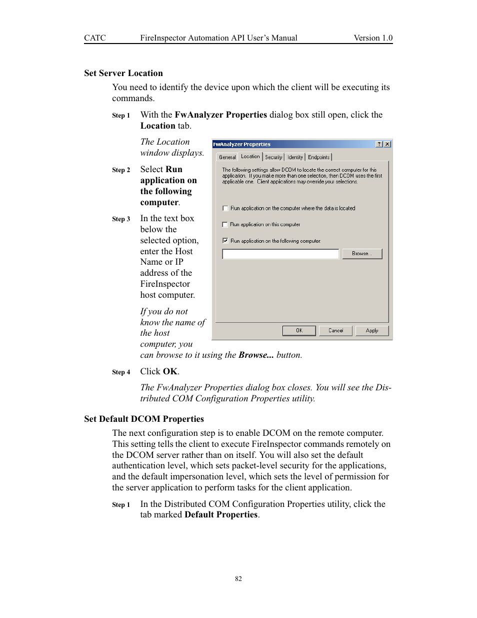 Set server location, Set default dcom properties, Set server location set default dcom properties | Teledyne LeCroy FireInspector Automation Application Programming Interface User Manual | Page 86 / 92