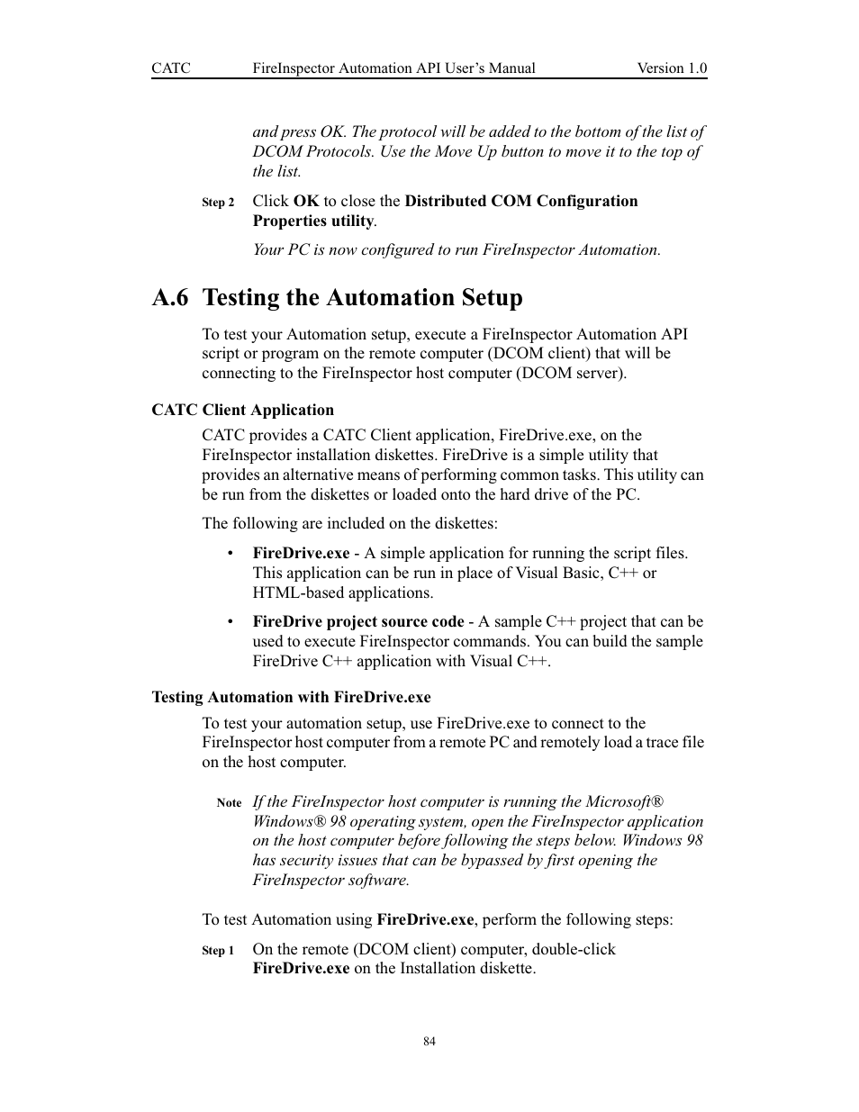 A.6 testing the automation setup, Catc client application, Testing automation with firedrive.exe | Testing the automation setup | Teledyne LeCroy FireInspector Automation Application Programming Interface User Manual | Page 88 / 92
