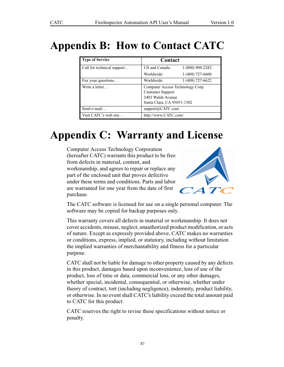 Appendix b: how to contact catc, Appendix c: warranty and license, X c: warranty and license | Teledyne LeCroy FireInspector Automation Application Programming Interface User Manual | Page 91 / 92