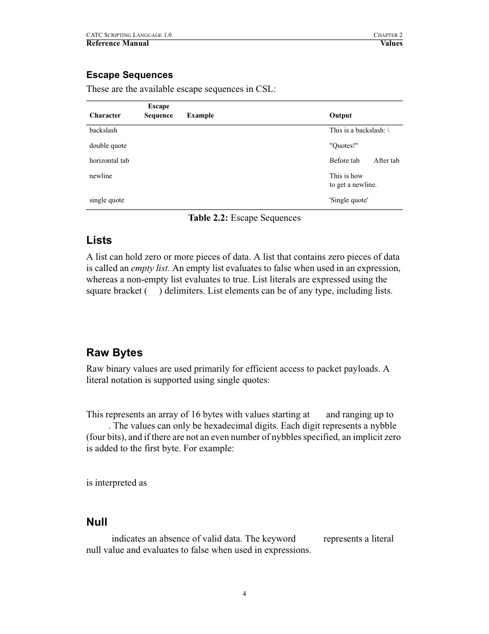 Escape sequences, Lists, Raw bytes | Null, Lists raw bytes null | Teledyne LeCroy FireInspector - File Based Decoding User Manual | Page 10 / 74