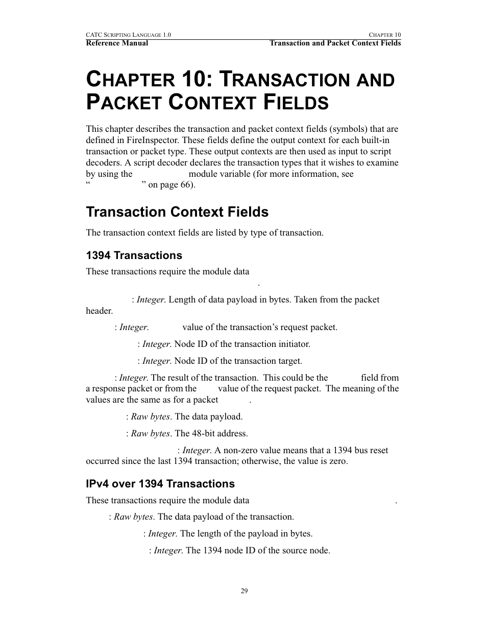 Chapter 10: transaction and packet context fields, Transaction context fields, 1394 transactions | Ipv4 over 1394 transactions, 10 transaction and packet context fields, 1394 transactions ipv4 over 1394 transactions, Hapter, Ransaction, Acket, Ontext | Teledyne LeCroy FireInspector - File Based Decoding User Manual | Page 35 / 74