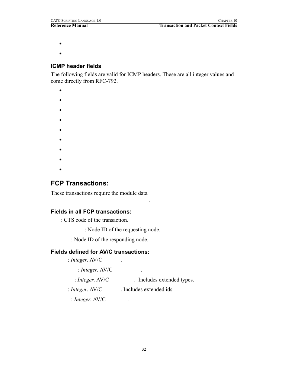 Icmp header fields, Fcp transactions, Fields in all fcp transactions | Fields defined for av/c transactions | Teledyne LeCroy FireInspector - File Based Decoding User Manual | Page 38 / 74