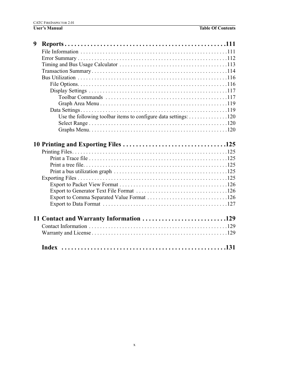 9 reports, 10 printing and exporting files, 11 contact and warranty information | Index | Teledyne LeCroy FireInspector - Users Manual User Manual | Page 10 / 147