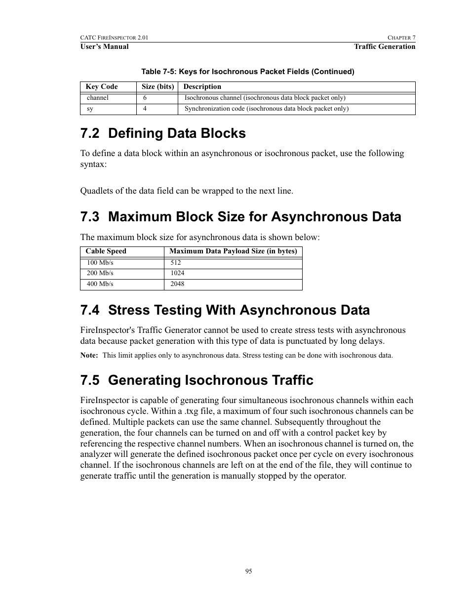 2 defining data blocks, 3 maximum block size for asynchronous data, 4 stress testing with asynchronous data | 5 generating isochronous traffic | Teledyne LeCroy FireInspector - Users Manual User Manual | Page 105 / 147