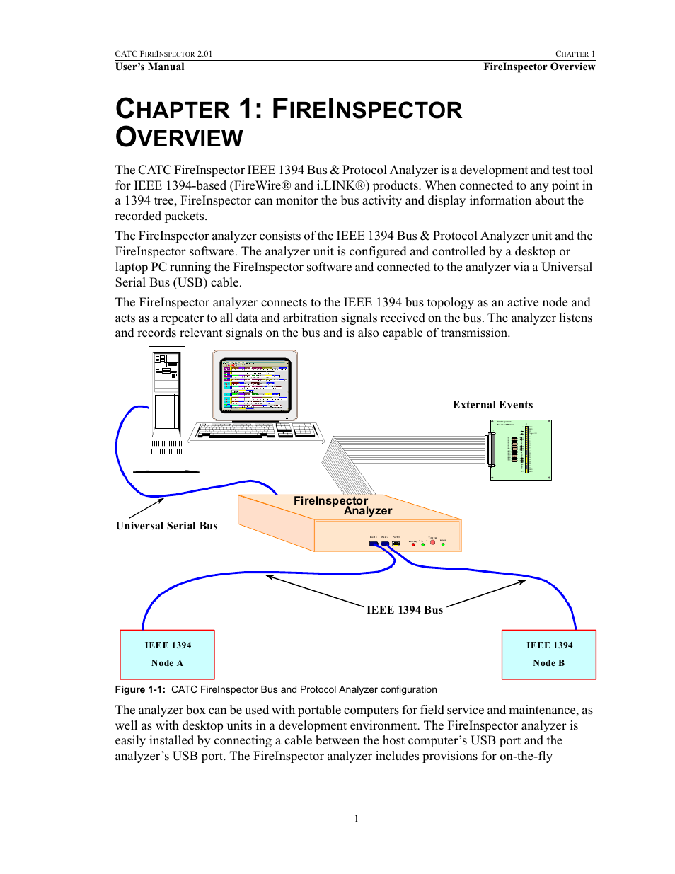 Chapter 1: fireinspector overview, 1 fireinspector overview, Hapter | Nspector, Verview, Fireinspector, External events ieee 1394 bus universal serial bus, Analyzer | Teledyne LeCroy FireInspector - Users Manual User Manual | Page 11 / 147