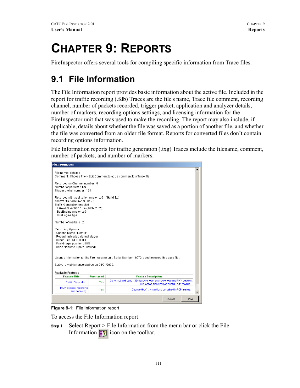 Chapter 9: reports, 1 file information, 9 reports | File information, Hapter, Eports | Teledyne LeCroy FireInspector - Users Manual User Manual | Page 121 / 147