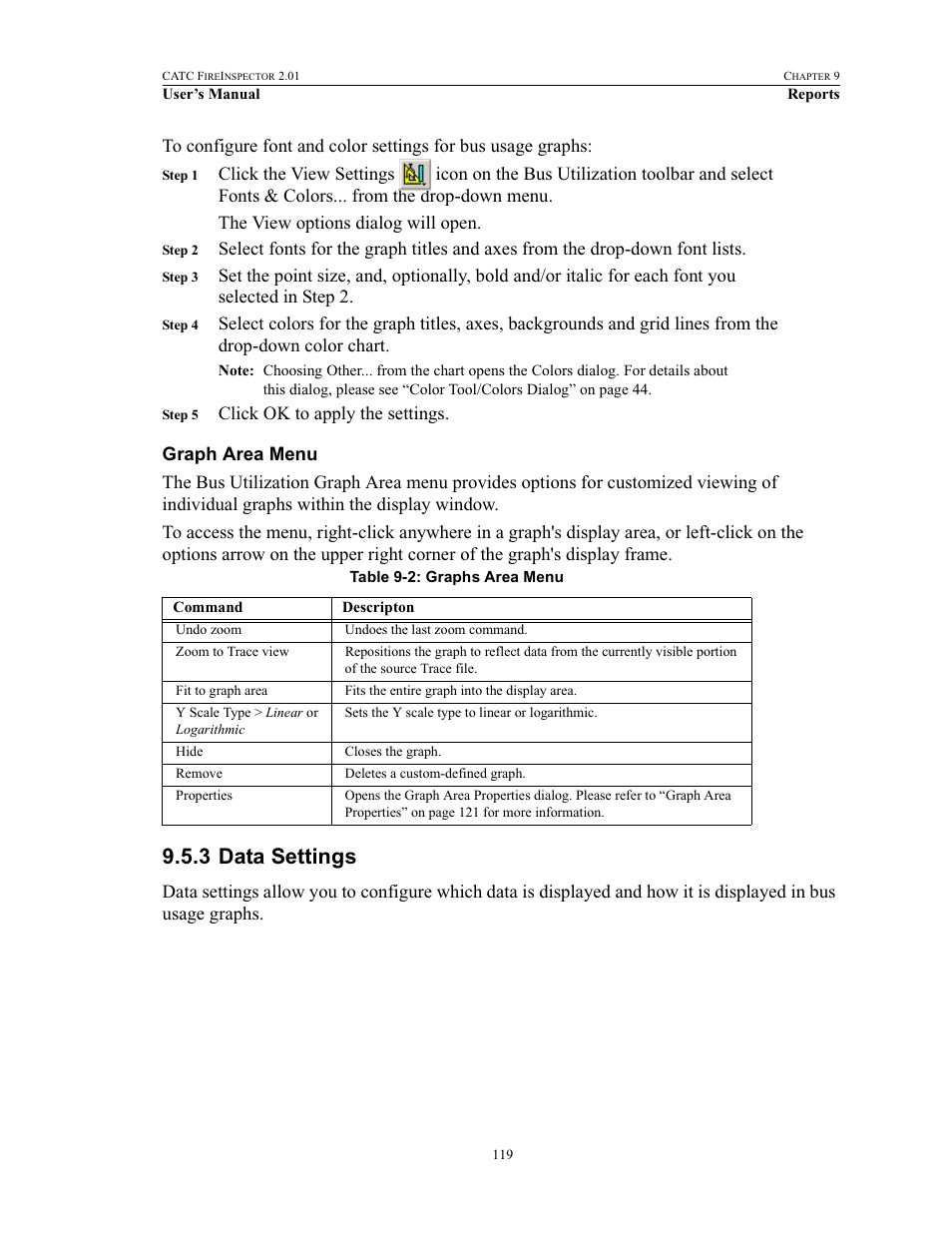 Graph area menu, 3 data settings, Data settings | Teledyne LeCroy FireInspector - Users Manual User Manual | Page 129 / 147
