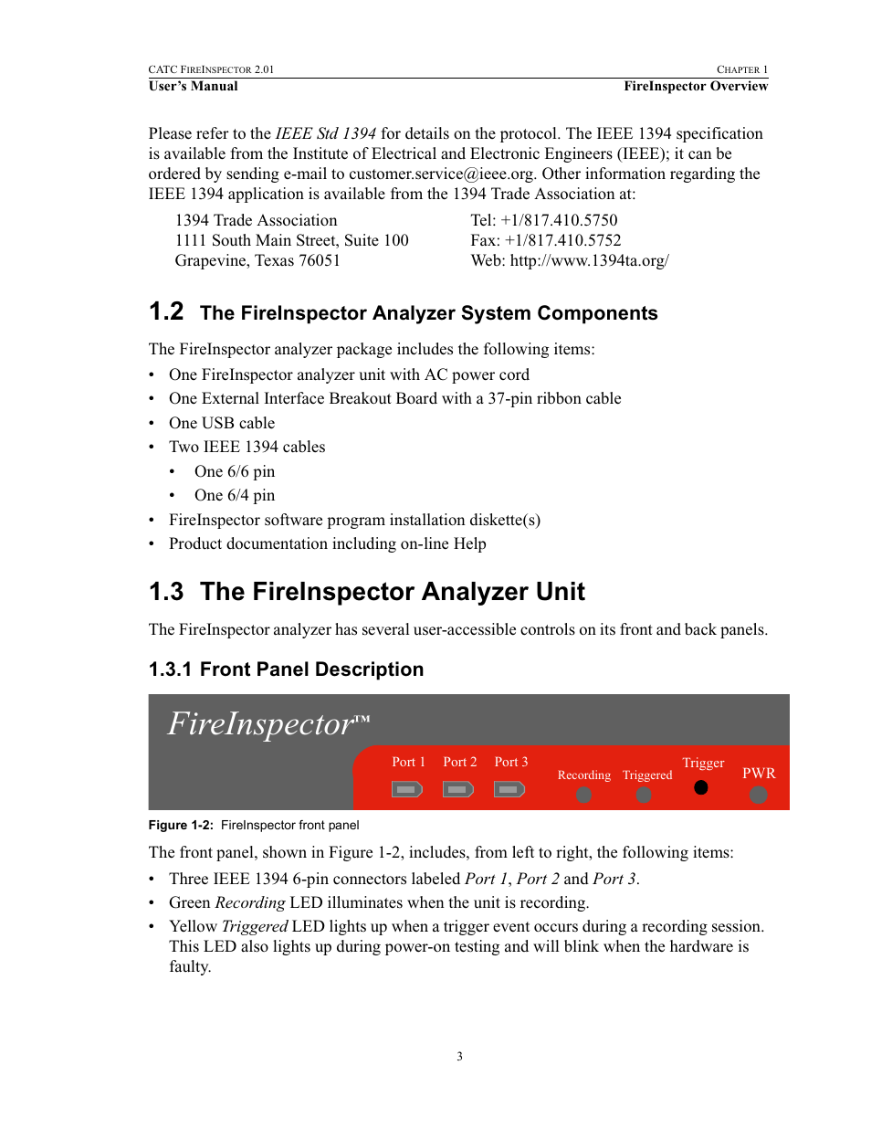 2 the fireinspector analyzer system components, 3 the fireinspector analyzer unit, 1 front panel description | Front panel description, Fireinspector, The fireinspector analyzer system components | Teledyne LeCroy FireInspector - Users Manual User Manual | Page 13 / 147