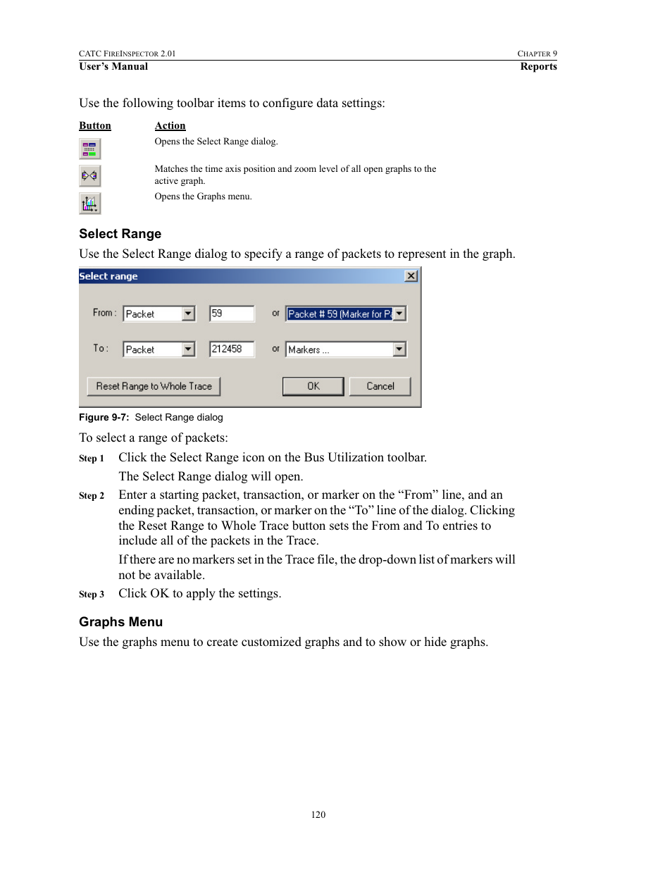 Select range, Graphs menu | Teledyne LeCroy FireInspector - Users Manual User Manual | Page 130 / 147