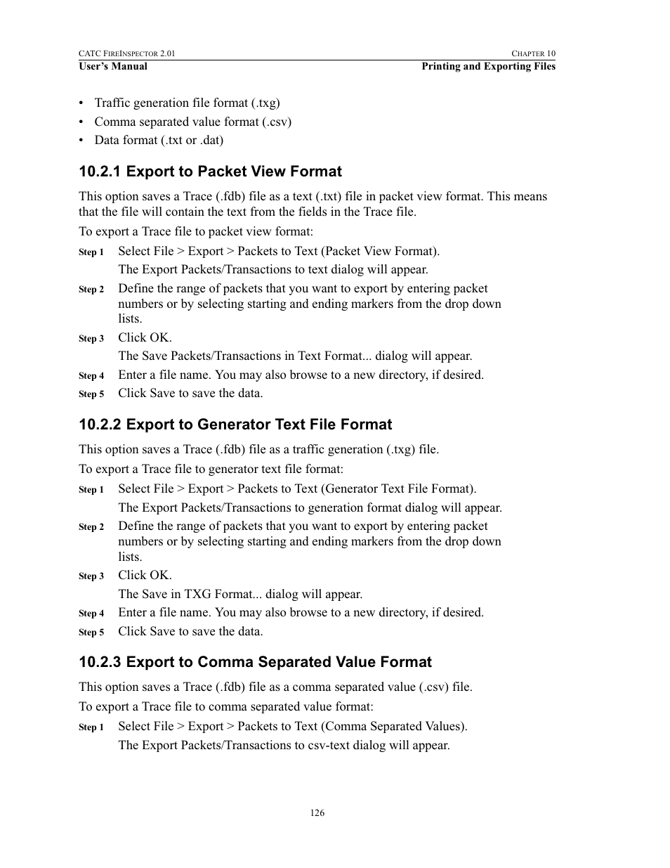 1 export to packet view format, 2 export to generator text file format, 3 export to comma separated value format | Teledyne LeCroy FireInspector - Users Manual User Manual | Page 136 / 147