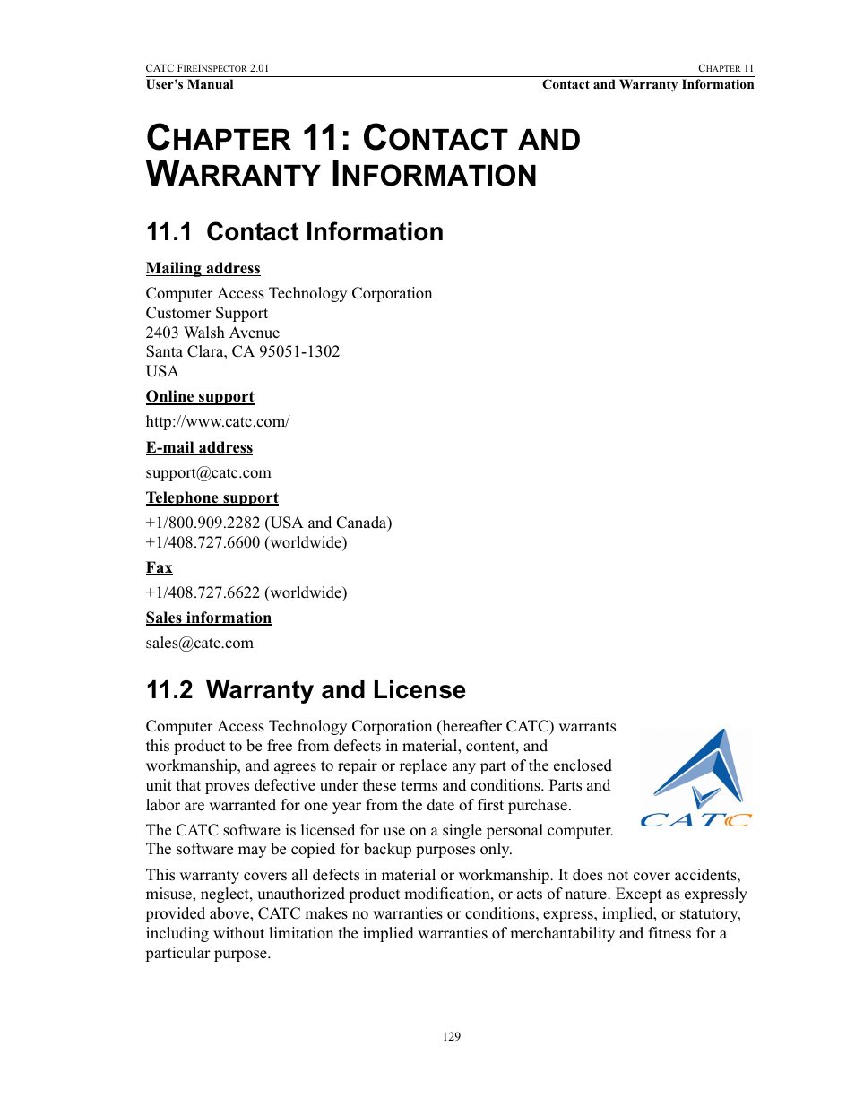Chapter 11: contact and warranty information, 1 contact information, 2 warranty and license | 11 contact and warranty information, Contact information warranty and license, Hapter, Ontact, Arranty, Nformation | Teledyne LeCroy FireInspector - Users Manual User Manual | Page 139 / 147