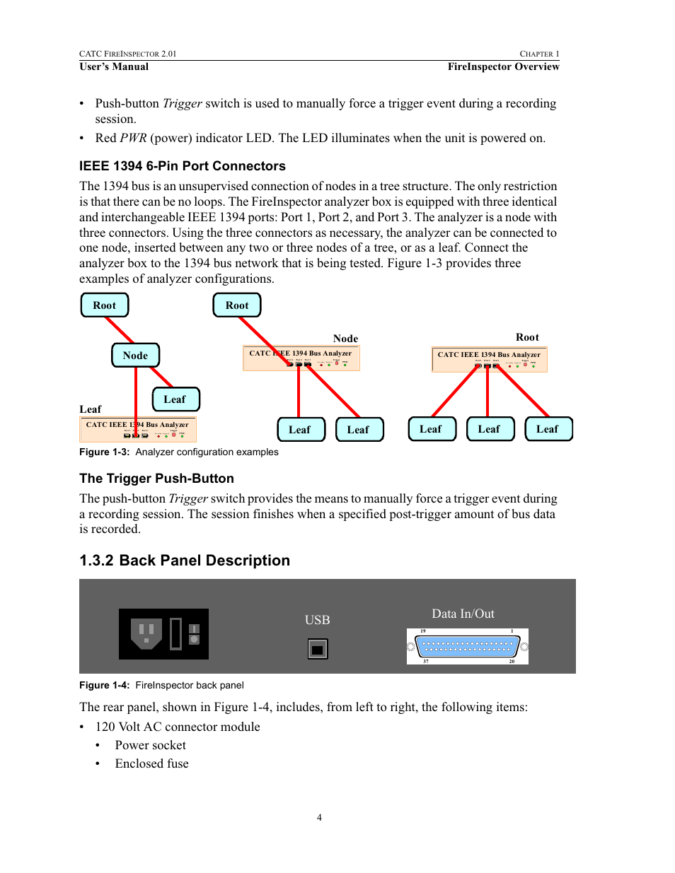Ieee 1394 6-pin port connectors, The trigger push-button, 2 back panel description | Back panel description, Usb data in/out | Teledyne LeCroy FireInspector - Users Manual User Manual | Page 14 / 147