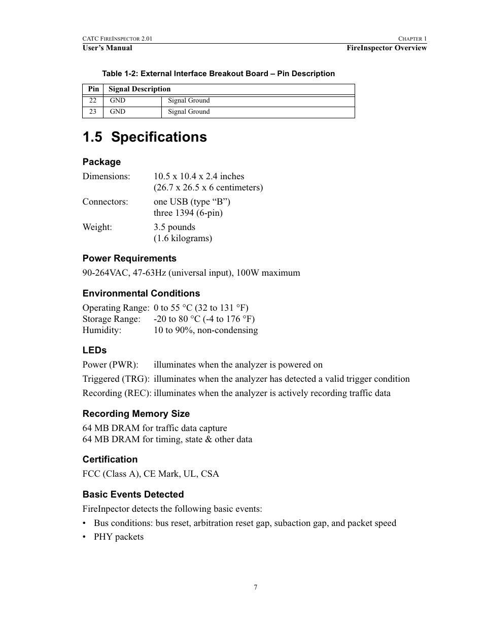 5 specifications, Package, Power requirements | Environmental conditions, Leds, Recording memory size, Certification, Basic events detected, Specifications | Teledyne LeCroy FireInspector - Users Manual User Manual | Page 17 / 147