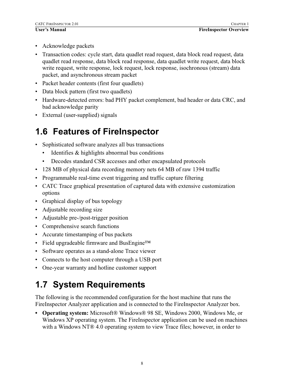 6 features of fireinspector, 7 system requirements, Features of fireinspector system requirements | Teledyne LeCroy FireInspector - Users Manual User Manual | Page 18 / 147