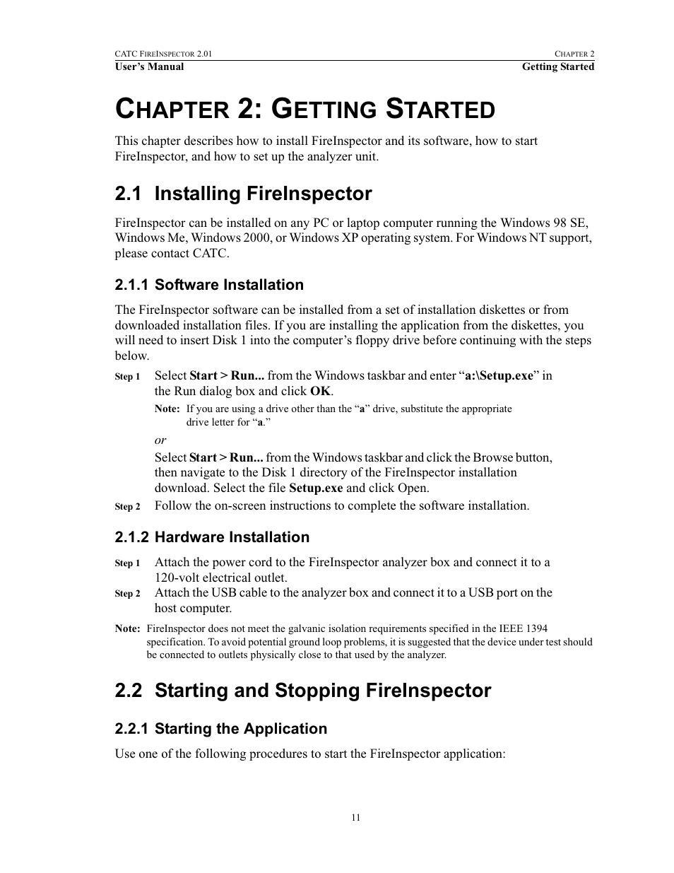 Chapter 2: getting started, 1 installing fireinspector, 1 software installation | 2 hardware installation, 2 starting and stopping fireinspector, 1 starting the application, 2 getting started, Installing fireinspector, Software installation hardware installation, Starting and stopping fireinspector | Teledyne LeCroy FireInspector - Users Manual User Manual | Page 21 / 147
