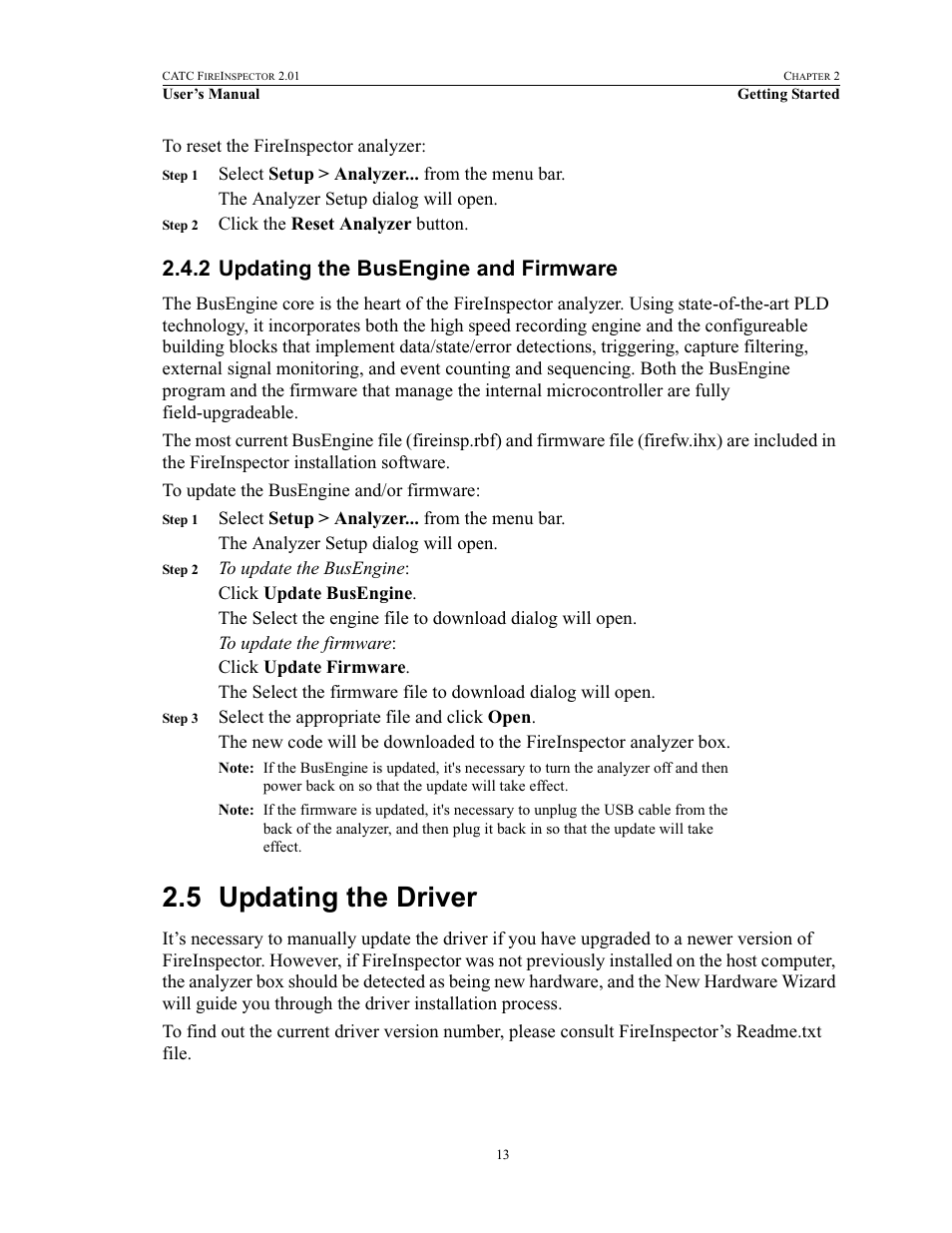 2 updating the busengine and firmware, 5 updating the driver, Updating the busengine and firmware | Updating the driver | Teledyne LeCroy FireInspector - Users Manual User Manual | Page 23 / 147