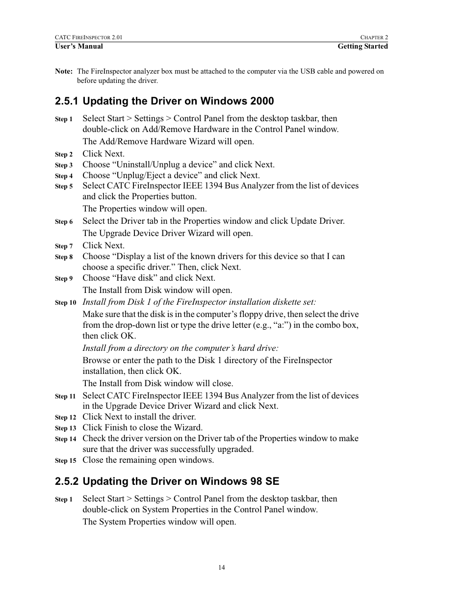 1 updating the driver on windows 2000, 2 updating the driver on windows 98 se | Teledyne LeCroy FireInspector - Users Manual User Manual | Page 24 / 147