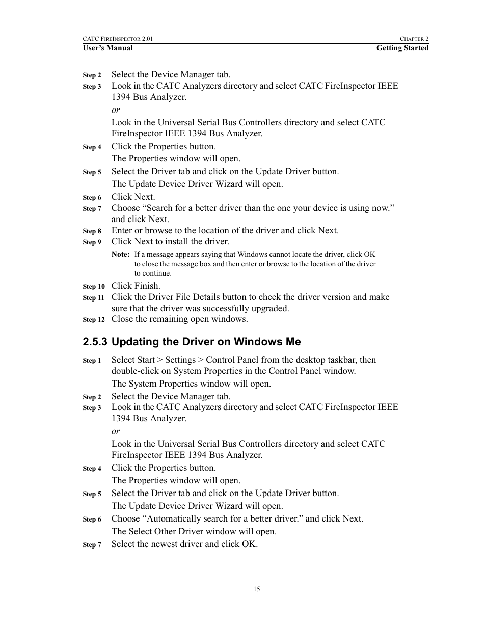 3 updating the driver on windows me, Updating the driver on windows me | Teledyne LeCroy FireInspector - Users Manual User Manual | Page 25 / 147