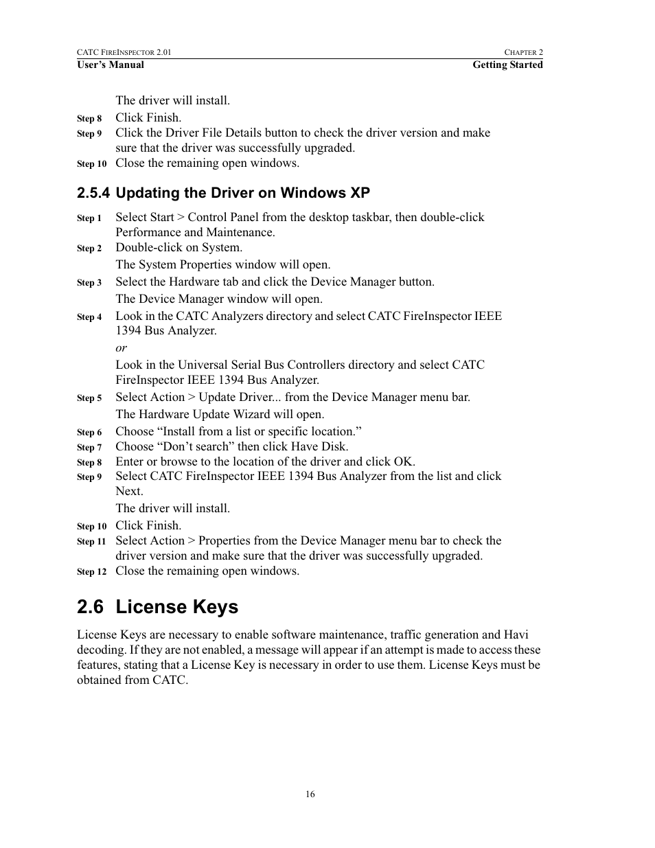 4 updating the driver on windows xp, 6 license keys, Updating the driver on windows xp | License keys | Teledyne LeCroy FireInspector - Users Manual User Manual | Page 26 / 147