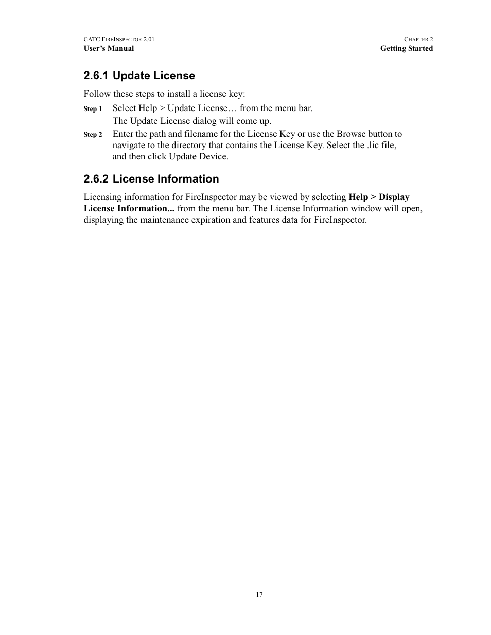 1 update license, 2 license information, Update license license information | Follow these steps to install a license key | Teledyne LeCroy FireInspector - Users Manual User Manual | Page 27 / 147