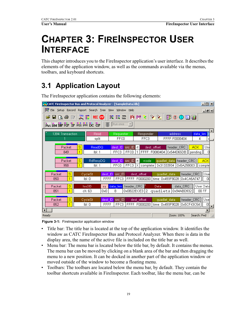 Chapter 3: fireinspector user interface, 1 application layout, 3 fireinspector user interface | Application layout, Hapter, Nspector, Nterface | Teledyne LeCroy FireInspector - Users Manual User Manual | Page 29 / 147