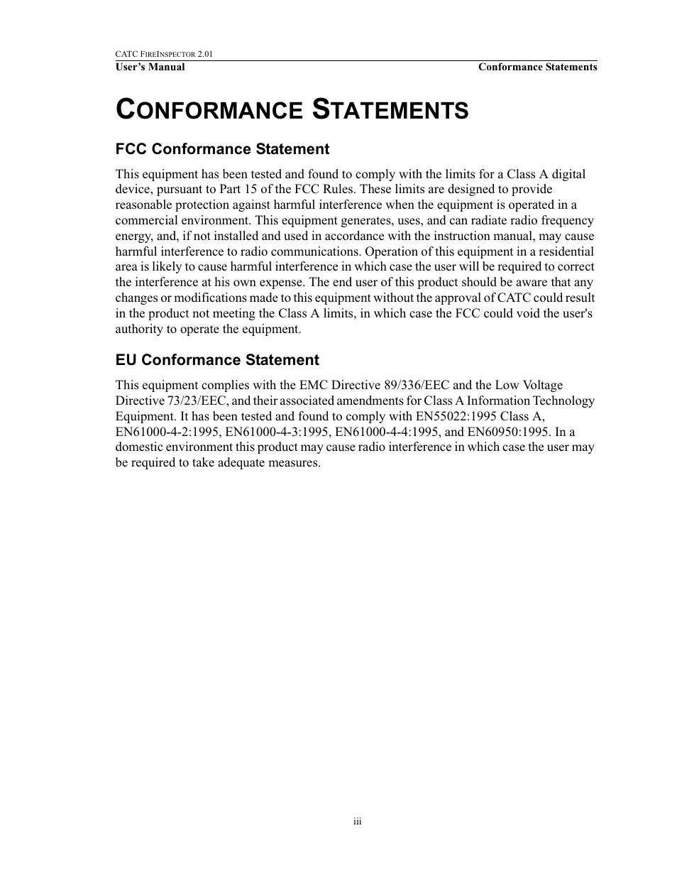 Conformance statements, Fcc conformance statement, Eu conformance statement | Onformance, Tatements | Teledyne LeCroy FireInspector - Users Manual User Manual | Page 3 / 147