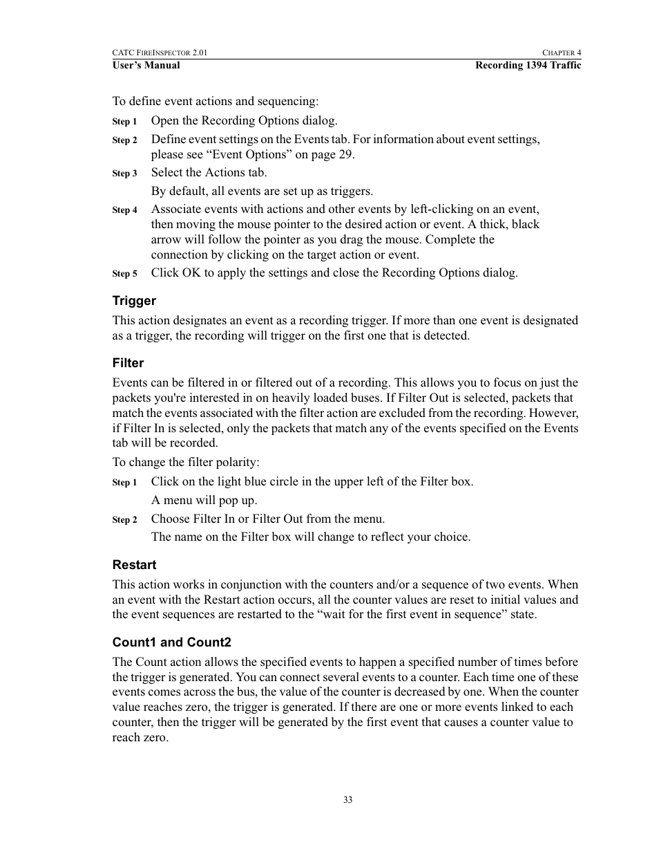 Trigger, Filter, Restart | Count1 and count2, Trigger filter restart count1 and count2 | Teledyne LeCroy FireInspector - Users Manual User Manual | Page 43 / 147