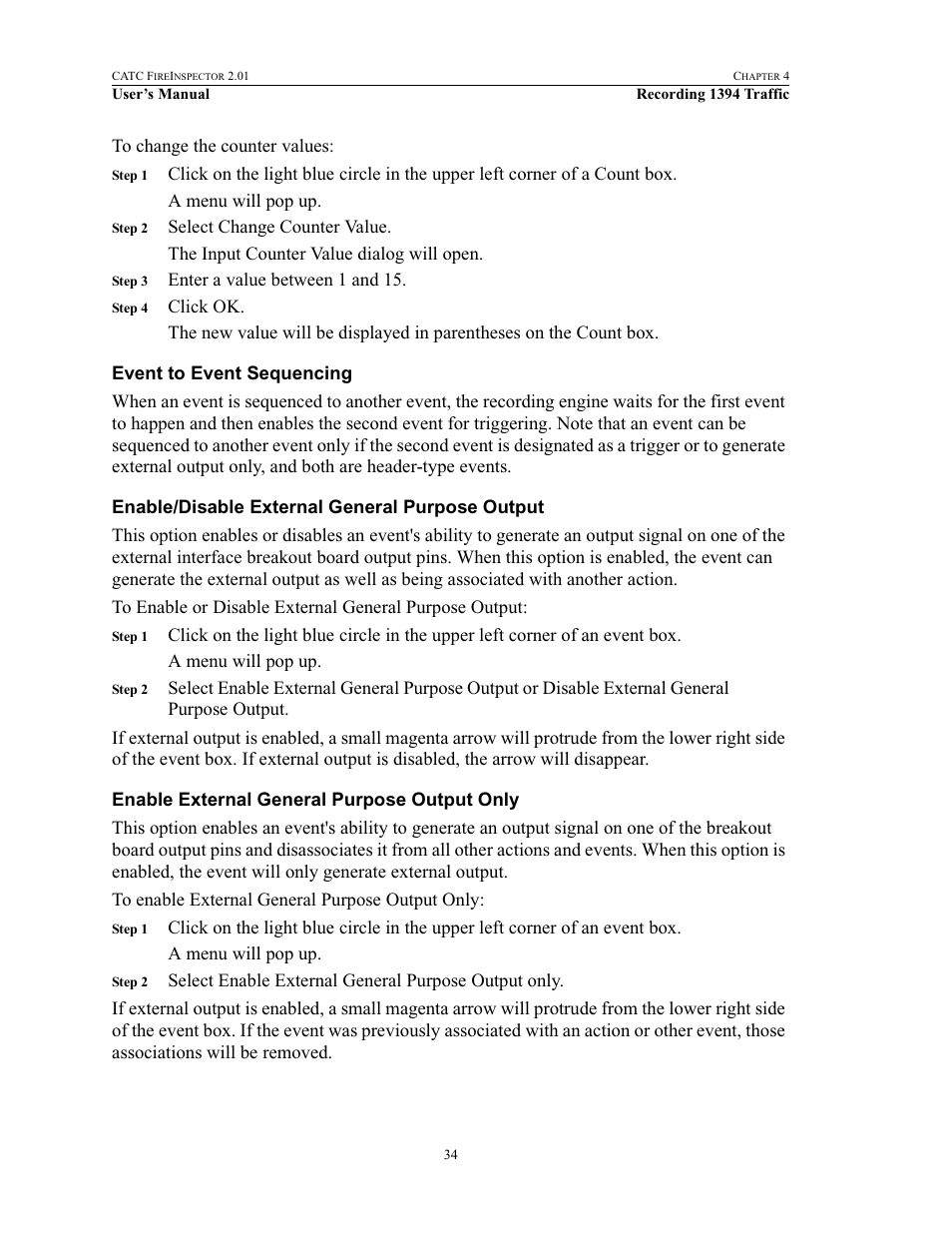 Event to event sequencing, Enable/disable external general purpose output, Enable external general purpose output only | Teledyne LeCroy FireInspector - Users Manual User Manual | Page 44 / 147