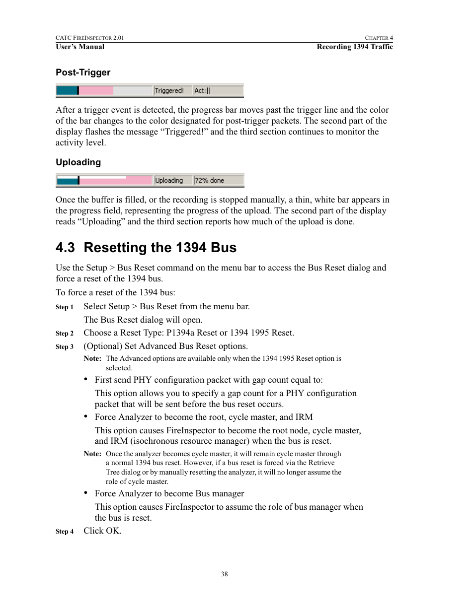 Post-trigger, Uploading, 3 resetting the 1394 bus | Post-trigger uploading, Resetting the 1394 bus | Teledyne LeCroy FireInspector - Users Manual User Manual | Page 48 / 147