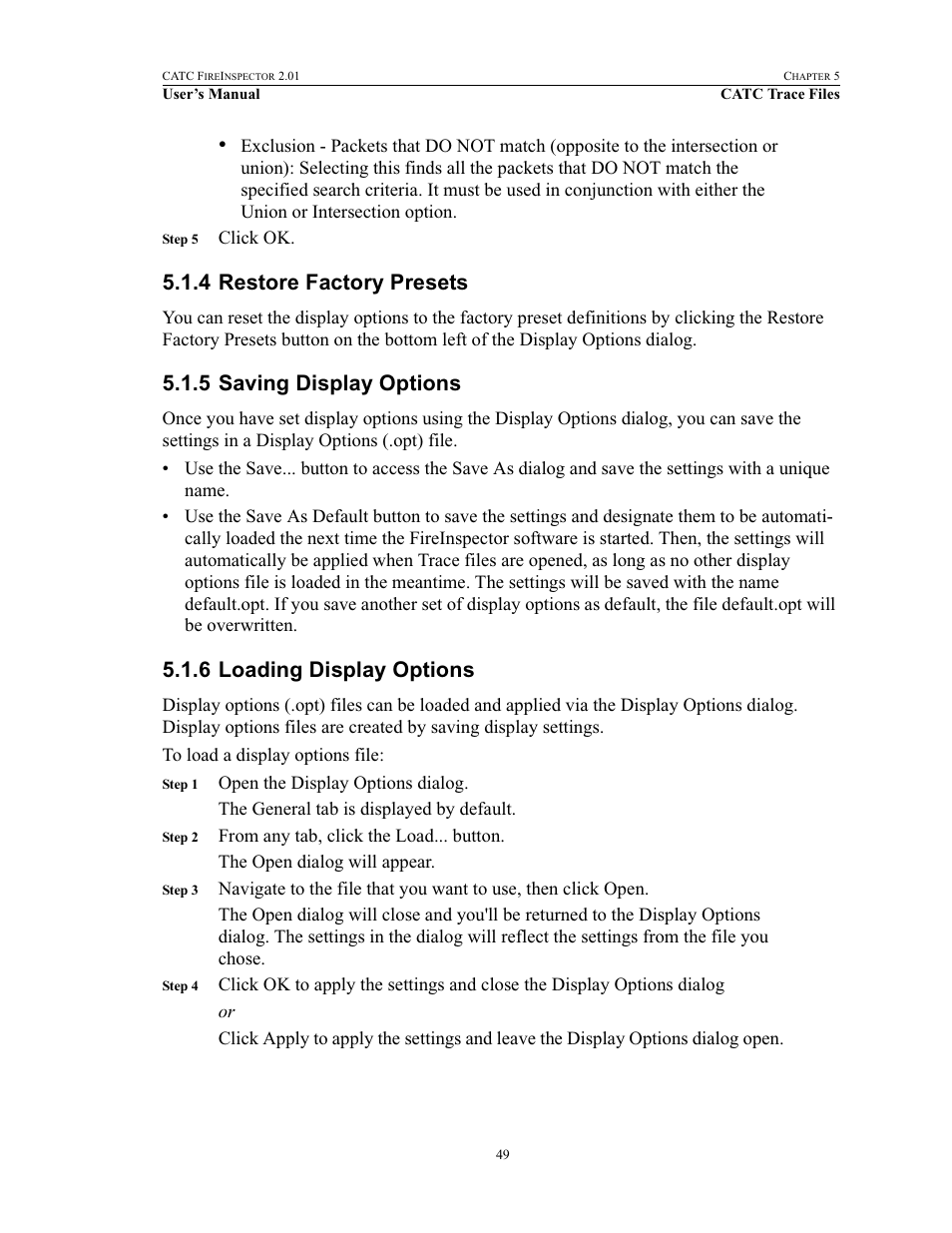 4 restore factory presets, 5 saving display options, 6 loading display options | Teledyne LeCroy FireInspector - Users Manual User Manual | Page 59 / 147