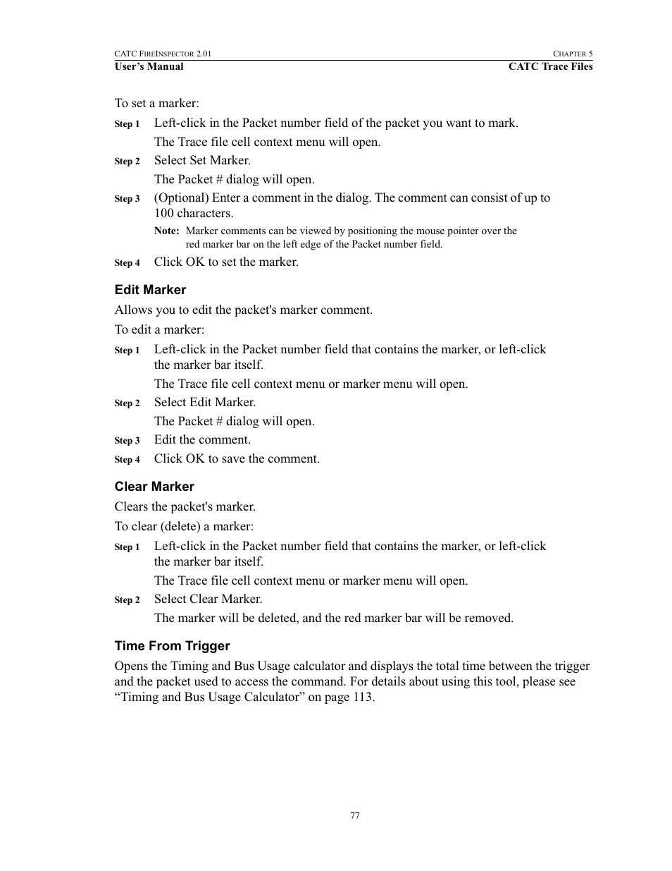 Edit marker, Clear marker, Time from trigger | Edit marker clear marker time from trigger | Teledyne LeCroy FireInspector - Users Manual User Manual | Page 87 / 147