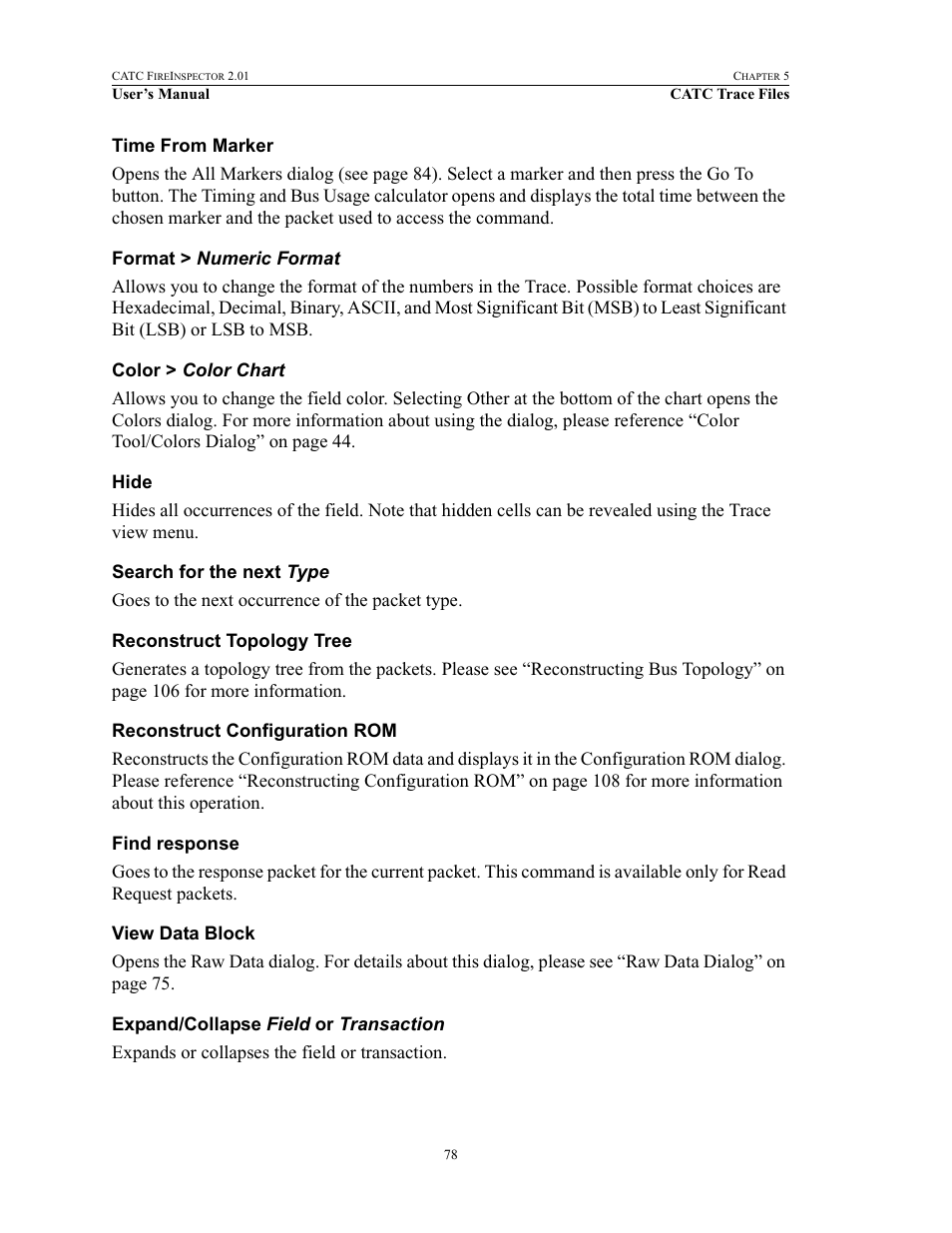 Time from marker, Format > numeric format, Color > color chart | Hide, Search for the next type, Reconstruct topology tree, Reconstruct configuration rom, Find response, View data block, Expand/collapse field or transaction | Teledyne LeCroy FireInspector - Users Manual User Manual | Page 88 / 147