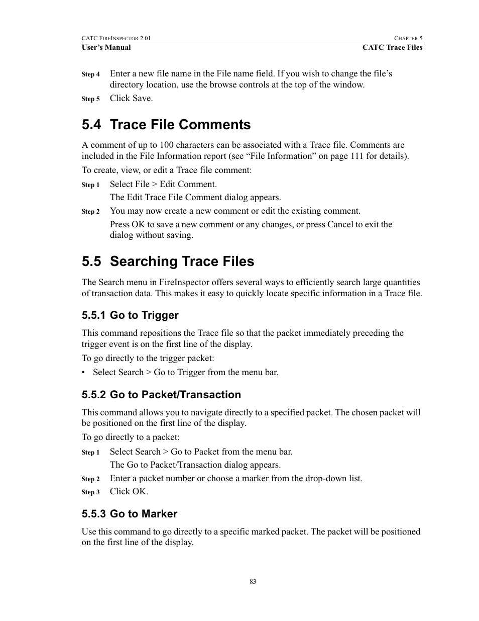 4 trace file comments, 5 searching trace files, 1 go to trigger | 2 go to packet/transaction, 3 go to marker, Trace file comments searching trace files | Teledyne LeCroy FireInspector - Users Manual User Manual | Page 93 / 147