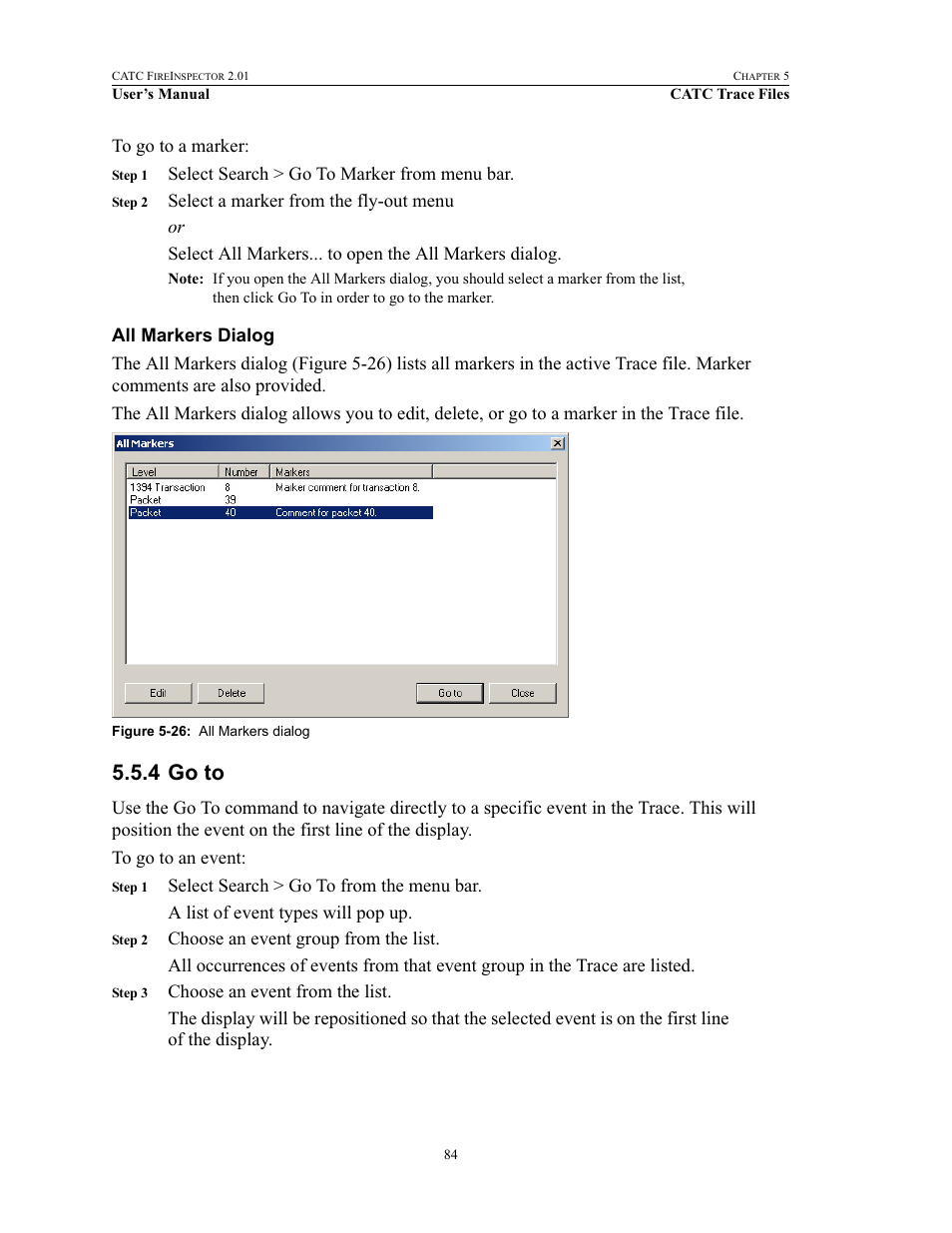 All markers dialog, 4 go to, Go to | Teledyne LeCroy FireInspector - Users Manual User Manual | Page 94 / 147