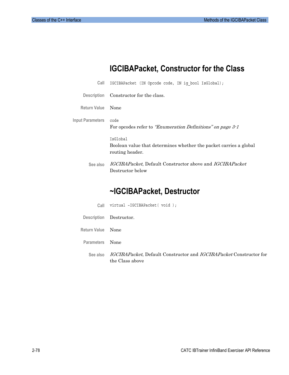 Igcibapacket, constructor for the class, Igcibapacket, destructor | Teledyne LeCroy Automation API for IBTrainer Software Ver.2.0 User Manual | Page 100 / 167