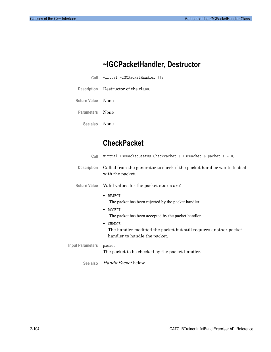 Igcpackethandler, destructor, Checkpacket | Teledyne LeCroy Automation API for IBTrainer Software Ver.2.0 User Manual | Page 126 / 167