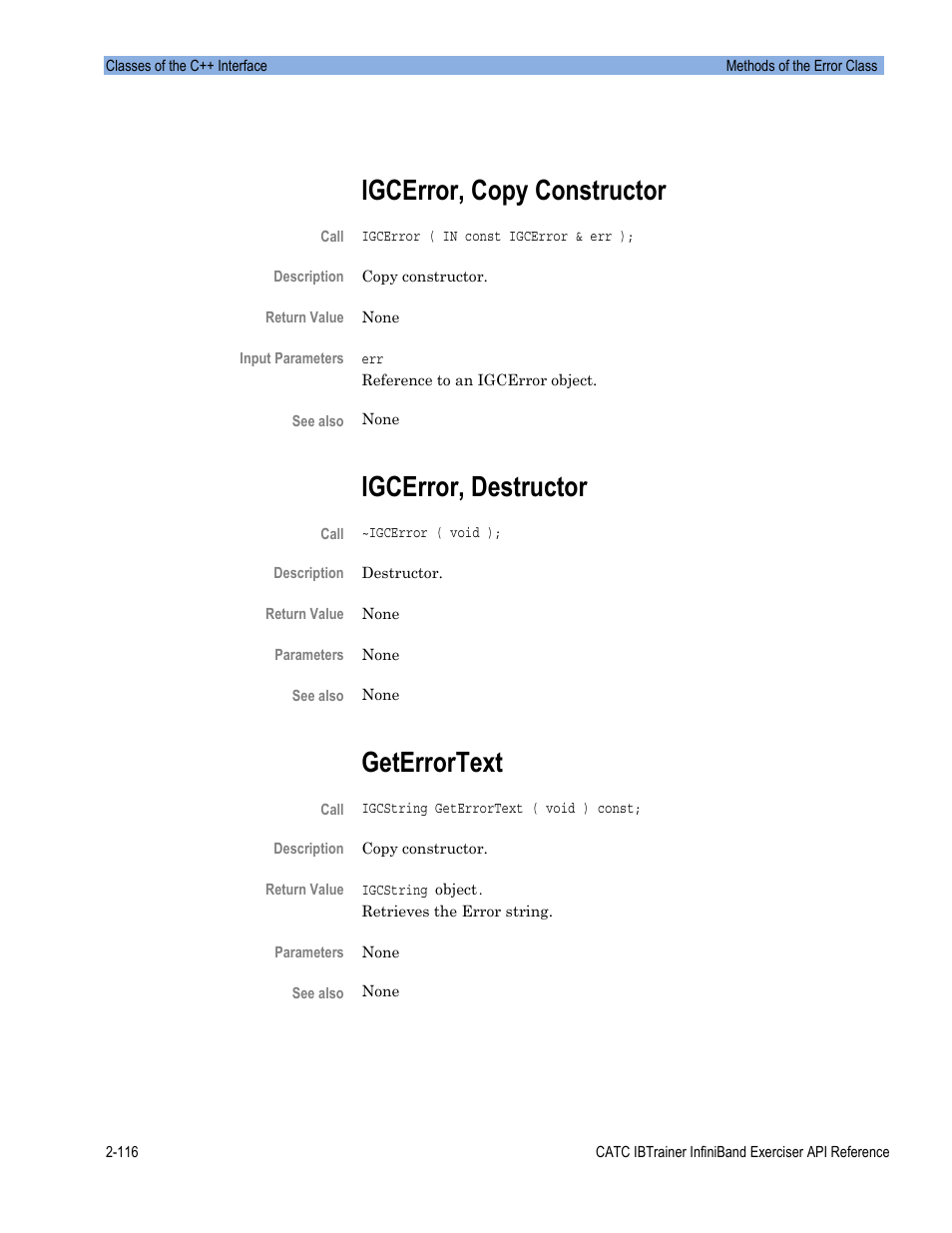 Igcerror, copy constructor, Igcerror, destructor, Geterrortext | Teledyne LeCroy Automation API for IBTrainer Software Ver.2.0 User Manual | Page 138 / 167