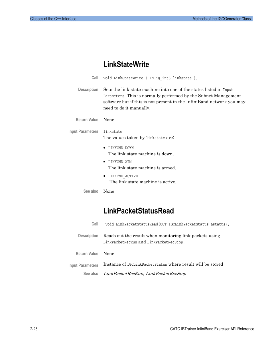 Linkstatewrite, Linkpacketstatusread | Teledyne LeCroy Automation API for IBTrainer Software Ver.2.0 User Manual | Page 50 / 167
