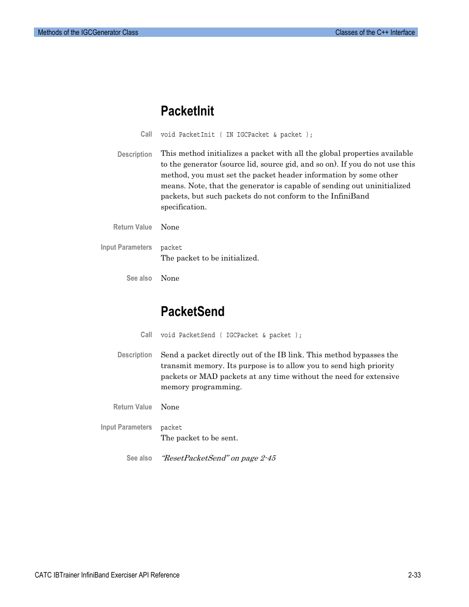 Packetinit, Packetsend | Teledyne LeCroy Automation API for IBTrainer Software Ver.2.0 User Manual | Page 55 / 167